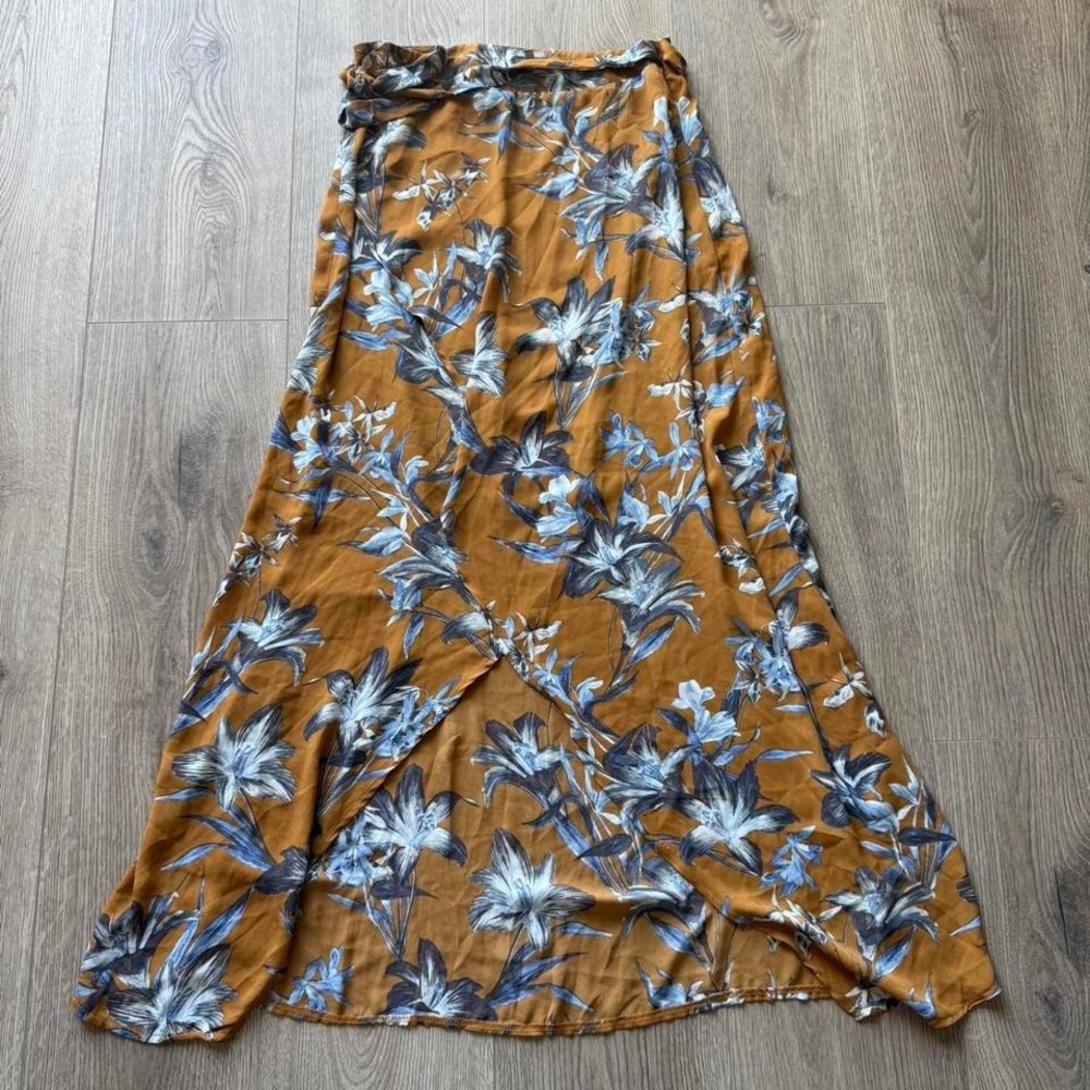 Charlotte Russe Floral Maxi Skirt Rust Brown Blue Wrap Slit Boho Cottagecore M